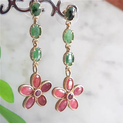 Boucles d’oreilles Chaîne Rubis Zoïsite & Fleur Tourmaline Rose