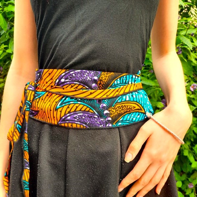Ceinture femme, tissus africain WAX orange et turquoise, 100% coton, 