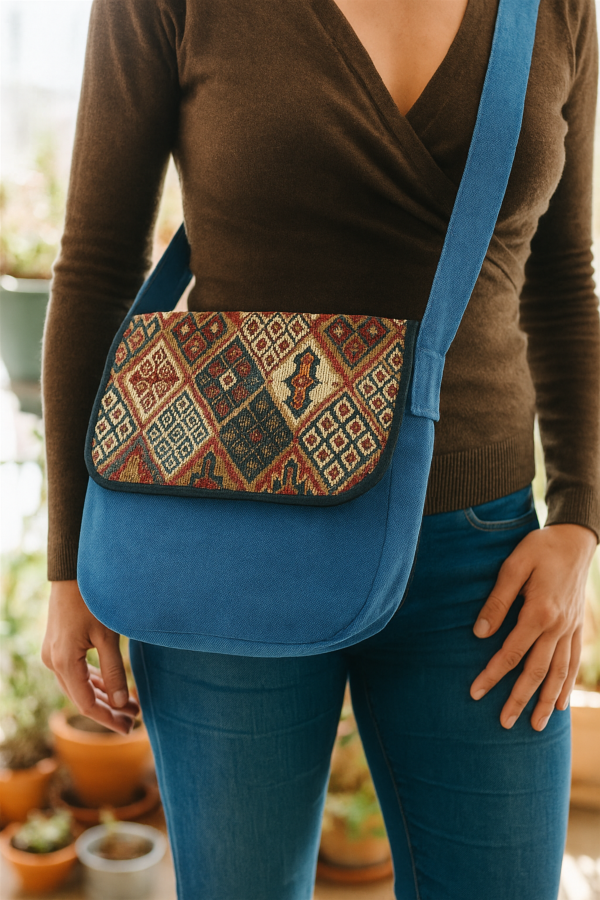 Sac Besace Canvas motifs INCA bleu et losanges médium