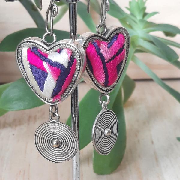 Boucles d'oreilles ethniques du Tibet coeur rose et bleu