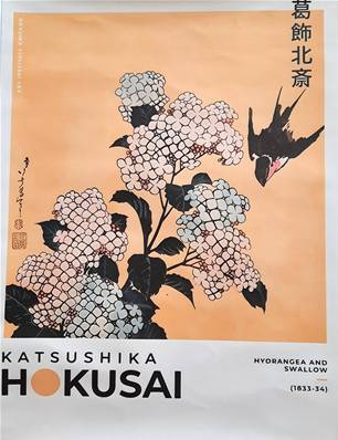 Affiche Hokusai hortensias et hirondelle 30cm x 40 cm