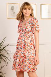 Robe courte Col V Fleurs Orange