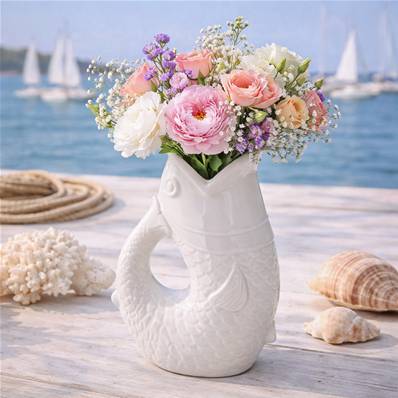 Vase Poisson Blanc 25 cm en céramique décorative