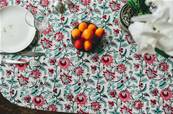 Tenture indienne coton blockprint 270x225cm fleurs roses feuilles vertes