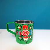 Mug indien peint à la main vert motifs fleurs PM
