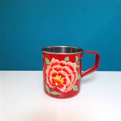 Mug indien peint à la main rouge pivoine rose PM