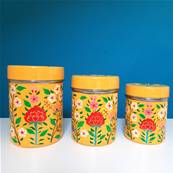 Boite inox indienne peinte à la main jaune motif fleurs grande