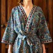Kimono Indien Artisanal Coton turquoise motifs cachemire