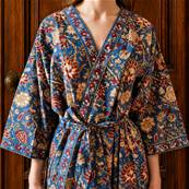 Kimono Indien Artisanal Coton bleu fleurs or et rouge