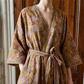 Kimono Indien Artisanal Coton jaune motif végétale