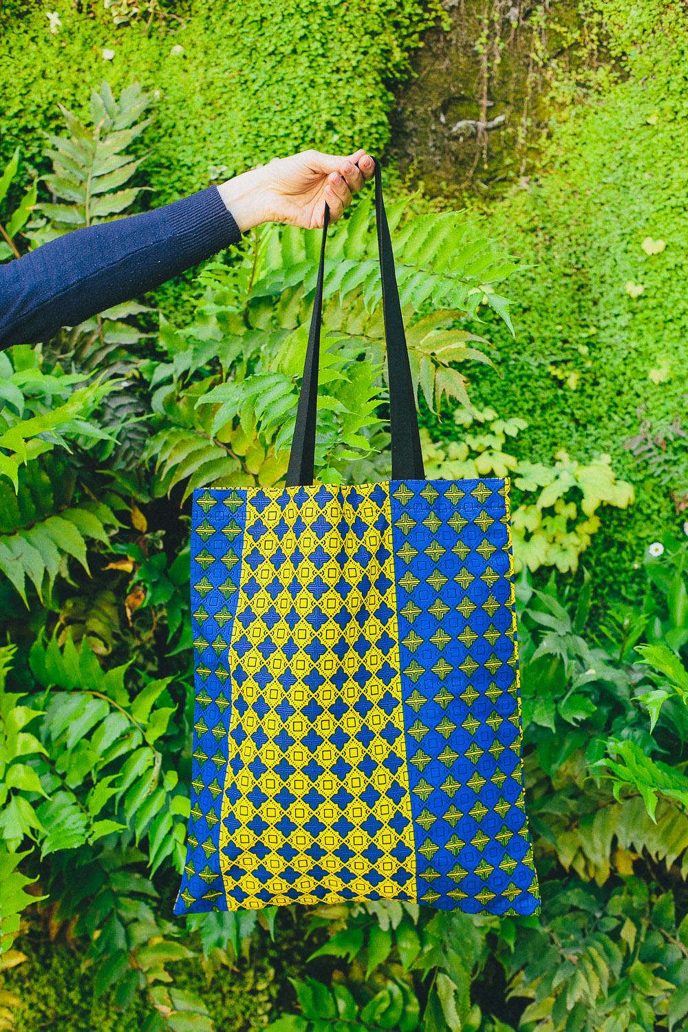 Sac Tote BAG en tissus africain WAX, bleu quadrillage jaune