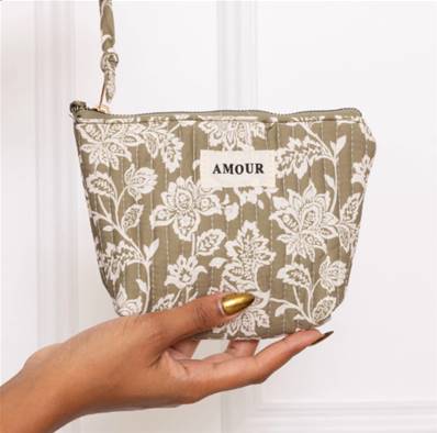 Pochette à motif fleuri "AMOUR" verte