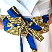 Ceinture obi wax ocre bleu graphique