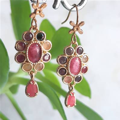 Boucles d'oreilles crochet rosace de tourmaline rose
