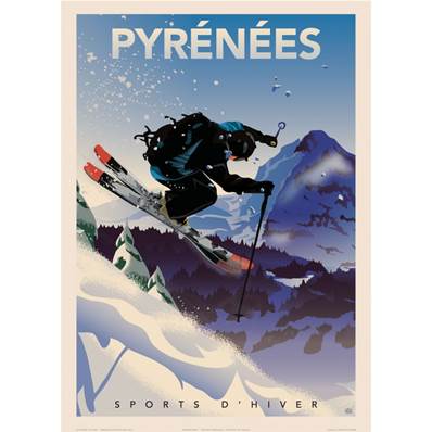 Affiche Pyrénées sports d'Hiver ski 50x70cm Fricker