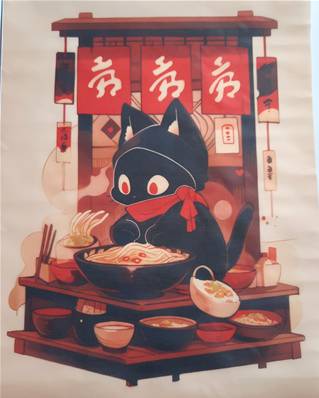 Affiche Chat noir qui mange un ramen 30cm x 40 cm
