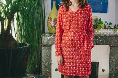 Robe  tunique manche longue rouge motif eventail 