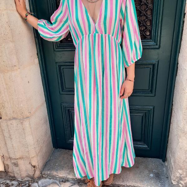 Robe longue rayée blanc vert rose fluo gaze de coton