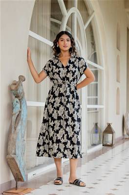 Robe longue manche courte motif floral KOJI