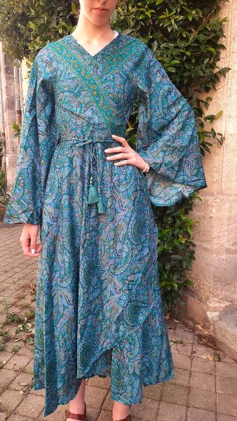 Robe cache cœur longue bleu motifs cachemire