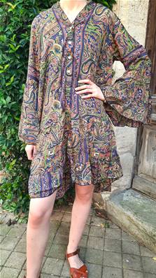 Robe tunique en soie manche longue motifs cachemire bleu vert