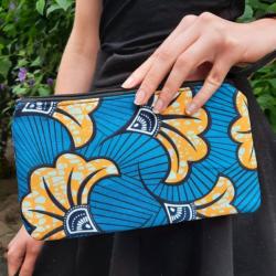 Trousse en wax fleur de mariage turquoise et jaune