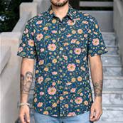 Chemise homme manche courte vert-bleu fleurs roses 100% coton – Élégance naturelle