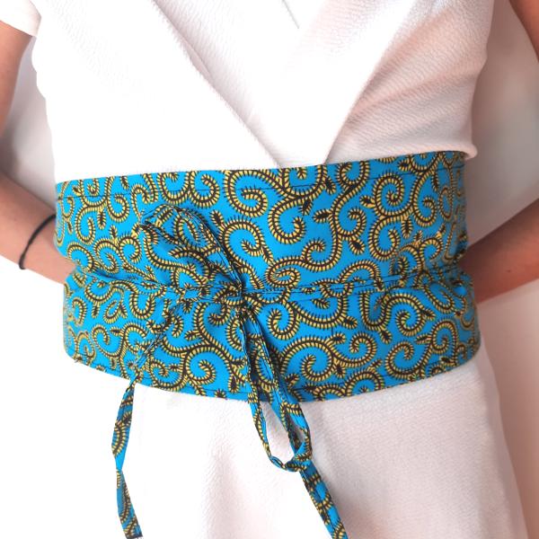 Ceinture obi wax bleu turquoise volutes jaunes