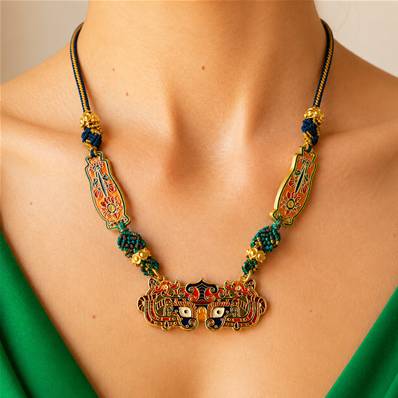 Collier chinois cordon en metal et email bleu