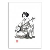 Affiche Geisha musicienne aquarelle noir et blanc 30xcm Pechane Sumie