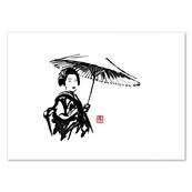 Affiche Geisha parapluie aquarelle noir et blanc 30xcm Pechane Sumie