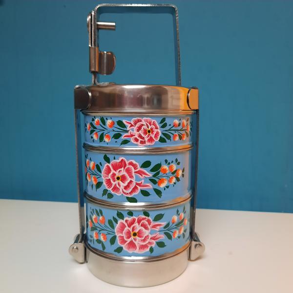 Lunch box 3 étages bleue, peinte à la main artisanat indien