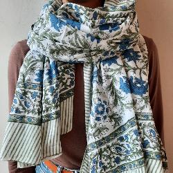 Etole, écharpe ou paréo coton imprimé fleurs bleu block print 9