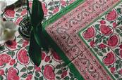 Tenture indienne coton blockprint 225x270cm vert et rose
