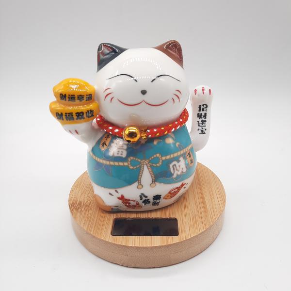 Chat solaire porte bonheur Maneki neko bleu