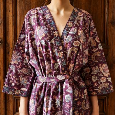 Kimono Indien Artisanal Coton prune fleurs bleues