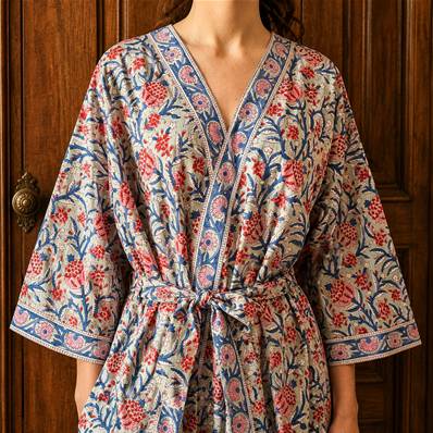 Kimono Indien Artisanal Coton bleu ciel fleurs bleu et rouge