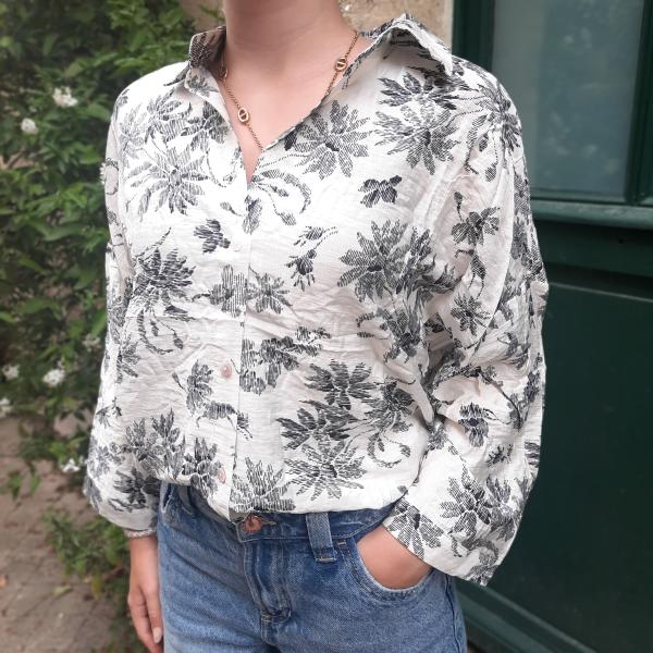 Chemise viscose et lin, motifs palmiers noir