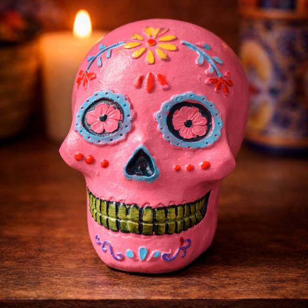Statut tête de mort mexicaine rose petit modèle