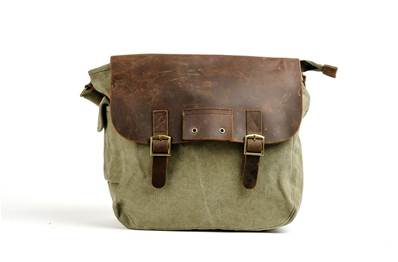 Sac besace bandoulière cuir et coton kaki 29x31cm