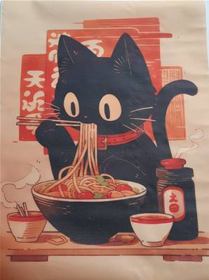 Affiche Chat noir qui mange un ramen 30cm x 40 cm