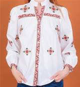 Chemise blanche brodée croix oranges et vertes – 100 % coton