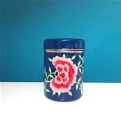 Boite inox indienne peinte à la main bleu nuit œillet rose GM