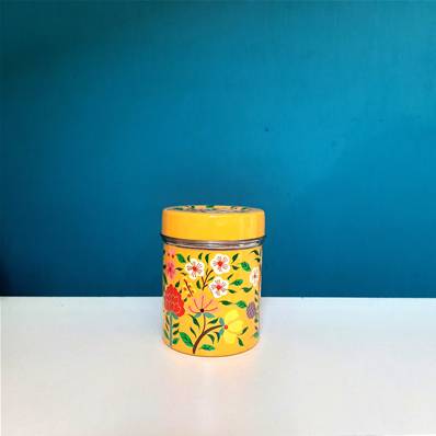 Boite inox indienne peinte à la main jaune motif fleurs petite