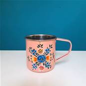 Mug indien peint à la main rose motifs fleurs bleues PM