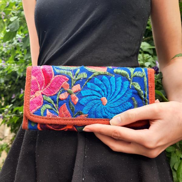 Porte feuille motifs fleur bleu Guatémala