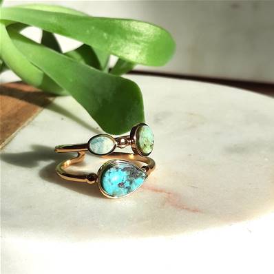 Bague 2 Rangs Dorés, 3 Pierres Turquoise Africaine