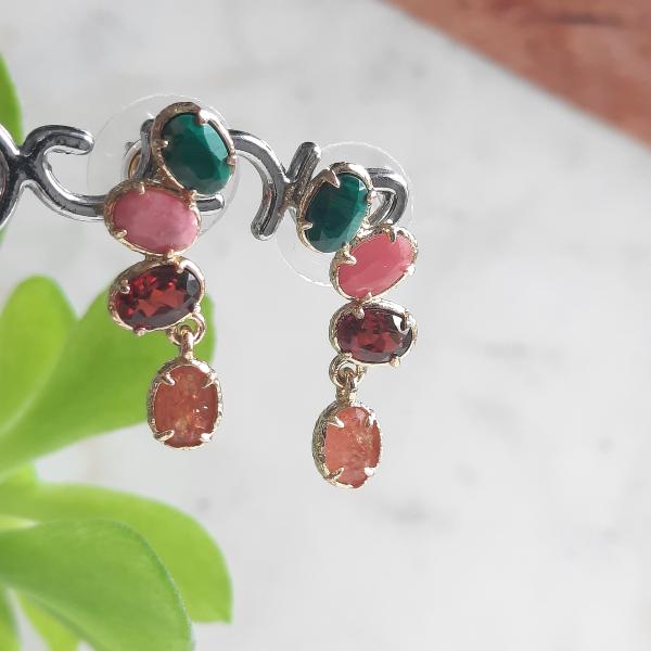 Boucles d’oreilles Multicolores Pierre de Soleil, Tourmaline Rose & Malachite