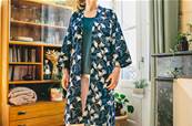 Kimono long indigo éthnique motifs Gingkos et libéllules