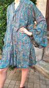 Robe tunique en soie manche longue motifs cachemire bleu